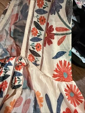 SHEIN Curve Cream Floral Tie-Front Dress with Orange & Blue Print